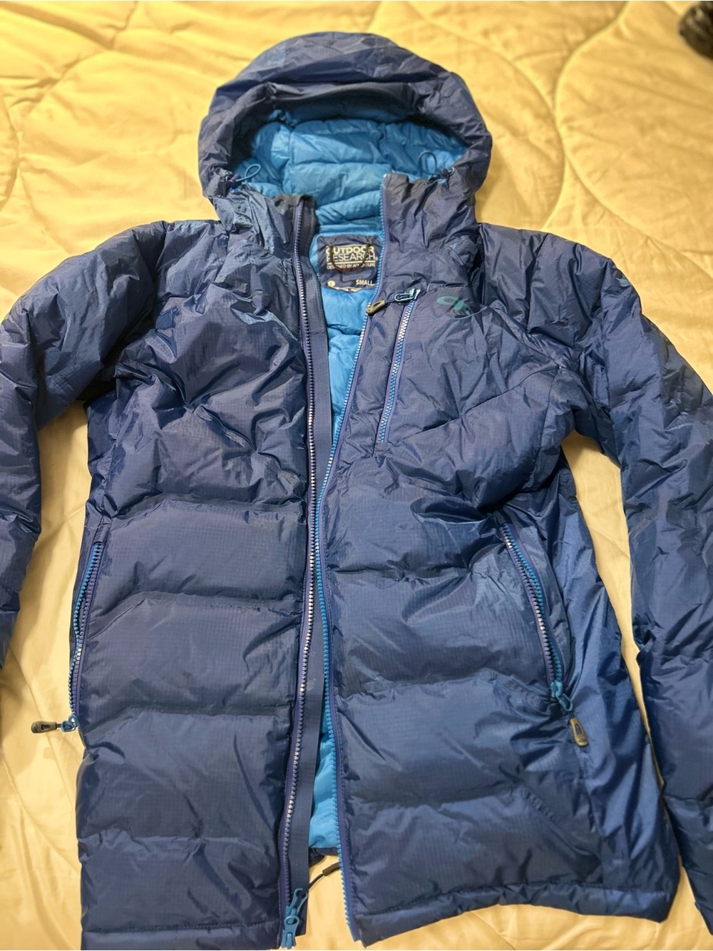 Outdoor Research Men’s Navy and Light Blue Quilted Puffer Jacket with Hood